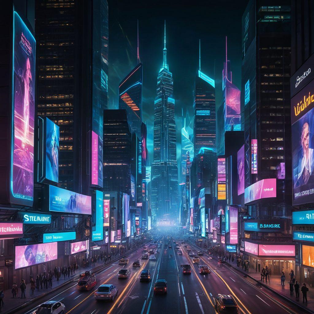 A futuristic skyline with neon-lit skyscrapers symbolizing the digital age, featuring large screens showcasing diverse people sharing videos and interacting. Below, a dynamic street scene with young creators filming content, surrounded by vibrant holographic interfaces representing Tubave's innovative platform. The atmosphere exudes energy and creativity, highlighting the evolution of video sharing. cyberpunk. vibrant colors. super-realistic.