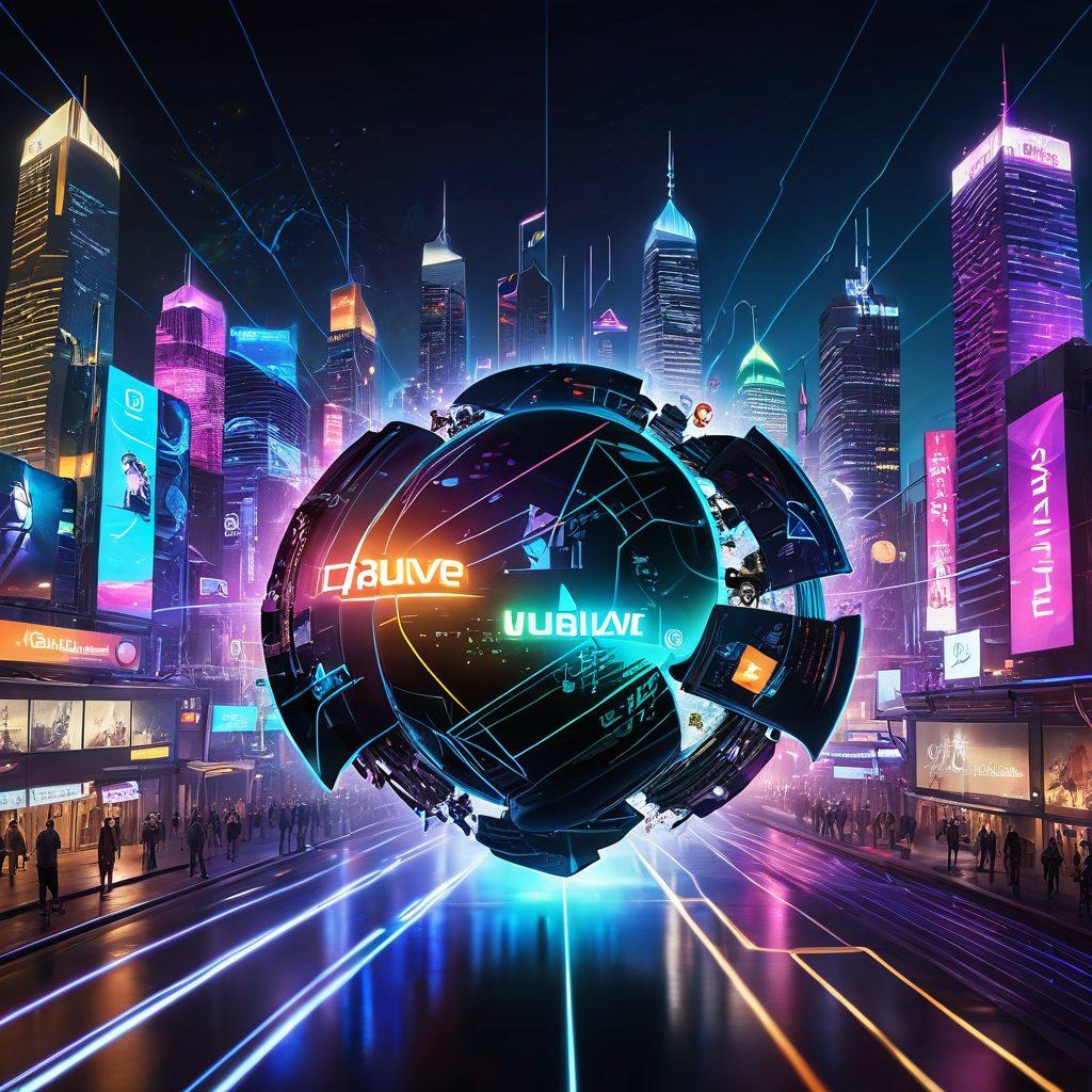 An abstract representation of digital media sharing, featuring interconnected floating multimedia icons like videos, music notes, and images, all engulfed in a glowing network grid. In the foreground, the Tubave logo shines brightly, symbolizing innovation and impact. The background showcases a futuristic cityscape with screens displaying various digital content. Use vibrant colors and dynamic lines to convey energy and movement. super-realistic. vibrant colors. cyberpunk.