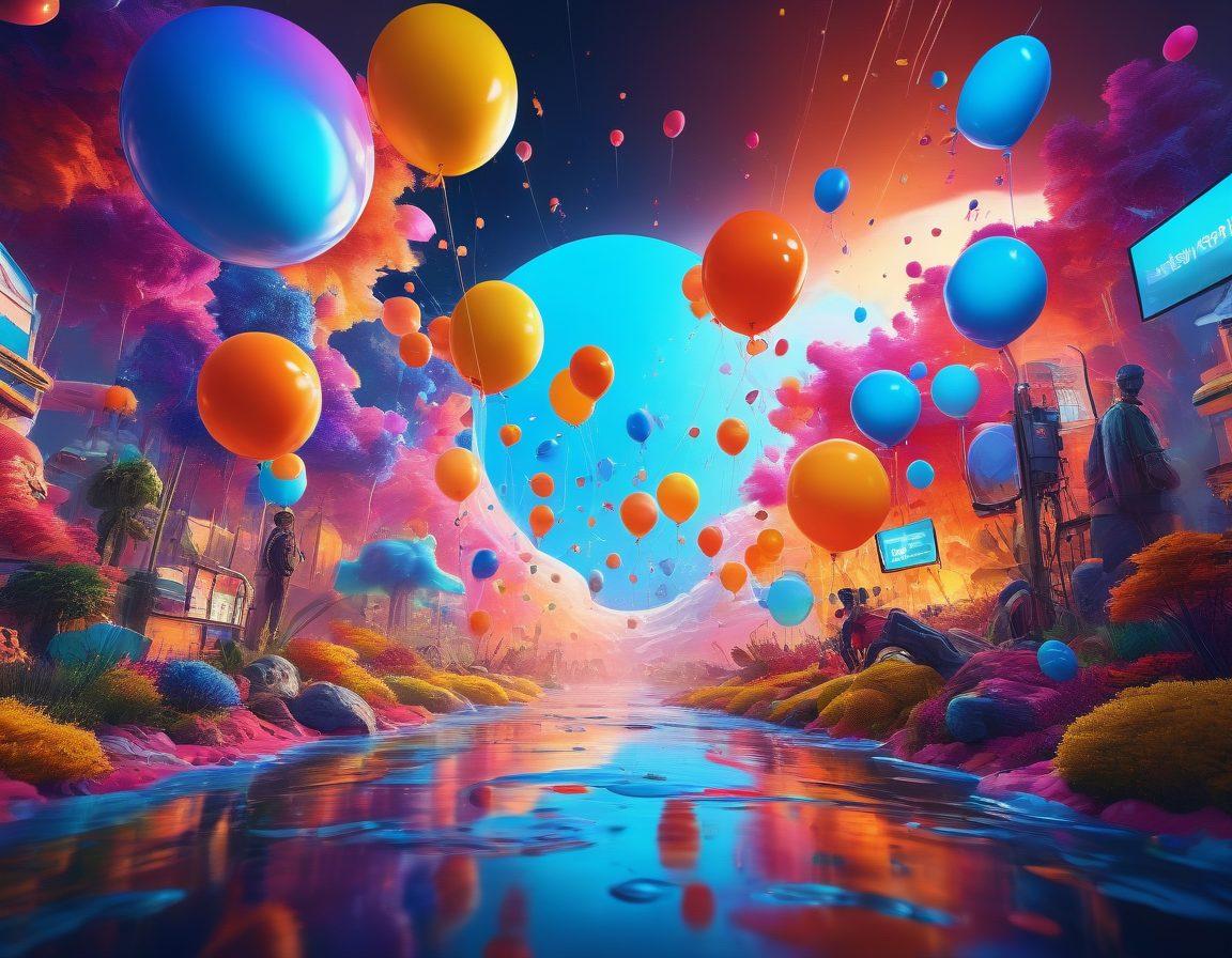 A vibrant and lively digital landscape showcasing a diverse group of content creators collaborating, sharing videos, and engaging with their audience. Illustrate dynamic video thumbnails floating in the air, symbolizing a strong sense of community. Include elements like chat bubbles and social media icons to emphasize interaction. The background should be filled with bright colors and modern technology motifs to reflect creativity and innovation. super-realistic. vibrant colors. 3D.